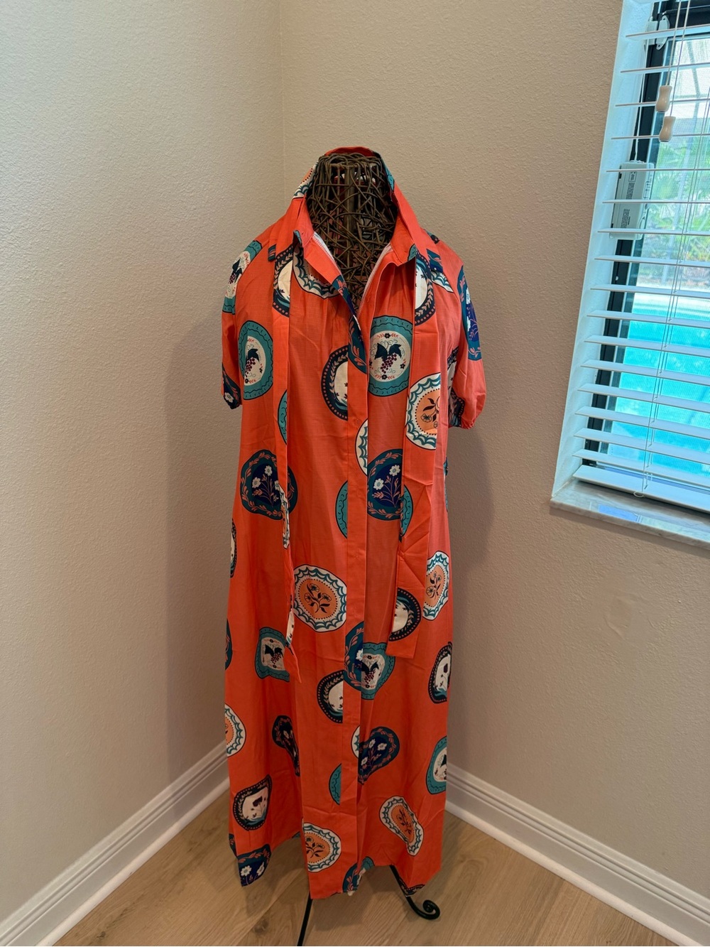 Button-Down Casual Maxi Dress in Orange Medallion Print
